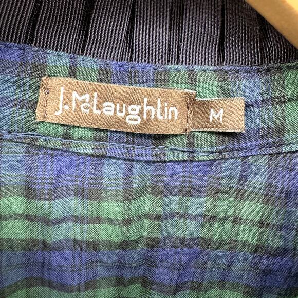 J McLaughlin Shirt Womens Medium Blue Green Plaid Ruffle Trim Crinkle Cotton - Picture 2 of 8
